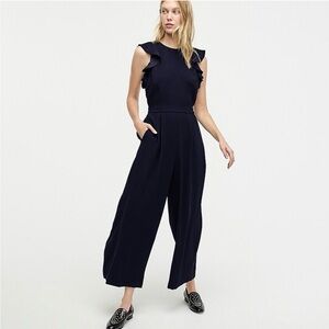 J. Crew Tall Sleeveless Ruffle Jumpsuit in 365 Crepe, Navy, 10T